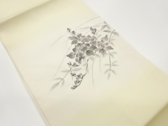 JAPANESE KIMONO / HAND-PAINTED FLOWER LEAF PATTERN NAGOYA OBI